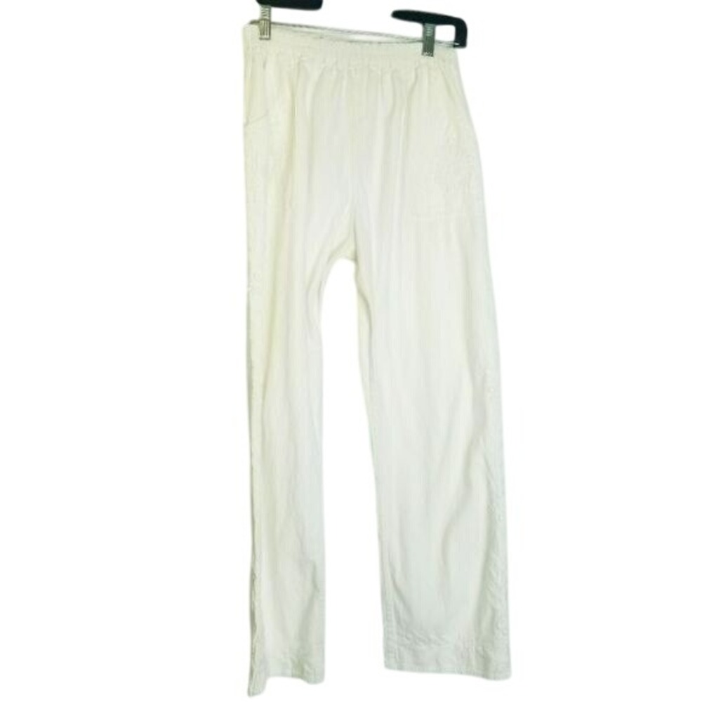 Embroidered White Pants Bohemian Casual Comfy‎ Lounge Pants Pockets Pull On sz M